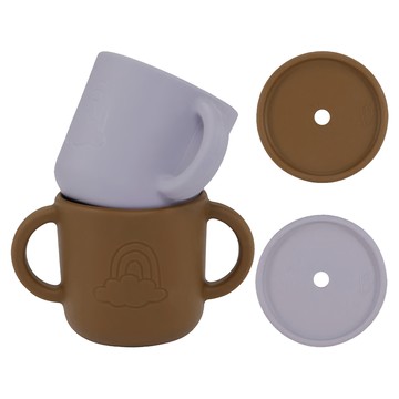 By Lille Vilde 矽膠雙耳杯2件組 附蓋 + 吸管 100%食品級矽膠 耐熱-40°C~230°C 150ml  咖 + 紫  1組