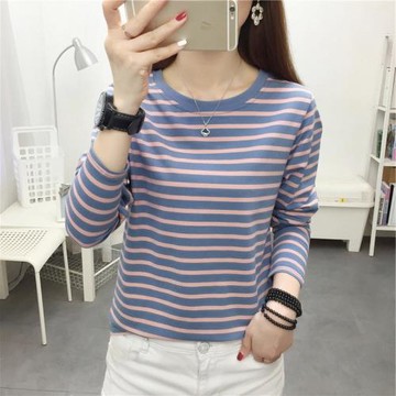 條紋純棉長袖t恤女早春歐貨爆款中年媽媽寬松顯瘦遮肚子打底衫
