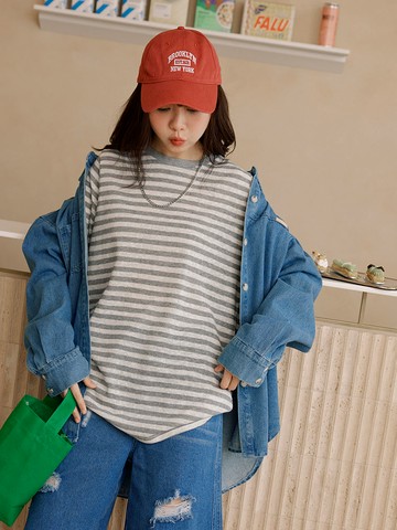 長版圓領條紋長袖上衣