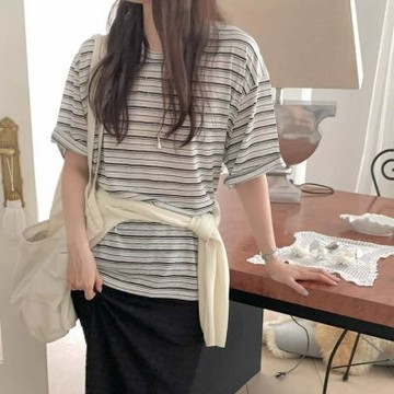 正韓女上衣 飄逸條紋五分袖T恤CPC1113-創翊韓都
