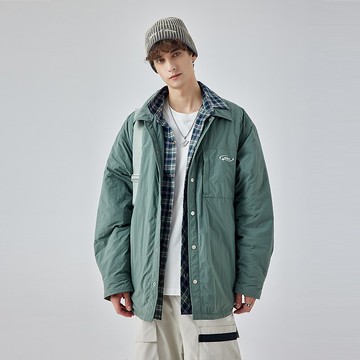 豆綠色假兩件棉衣襯衫 男冬季棉服外套