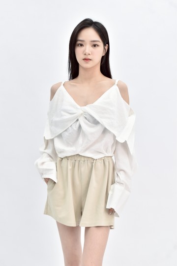(L) 【董仔私服】ge ge修身短版假兩件白色長袖上衣
