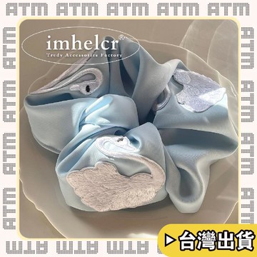 🔥臺灣出貨🔥可開發票✅輕飾時光貴氣白天鵝刺繡緞面奶油藍大腸髮圈文藝復古小衆丸子頭馬尾發繩女