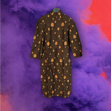 二手 深咖棕 微亮面織紋 微厚挺 滾邊 古董訂製 長袖 旗袍 PF1215