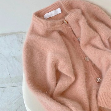 纖婕芙慵懶風高級感粉色毛衣2022秋冬休閑百搭保暖針織開衫外套潮