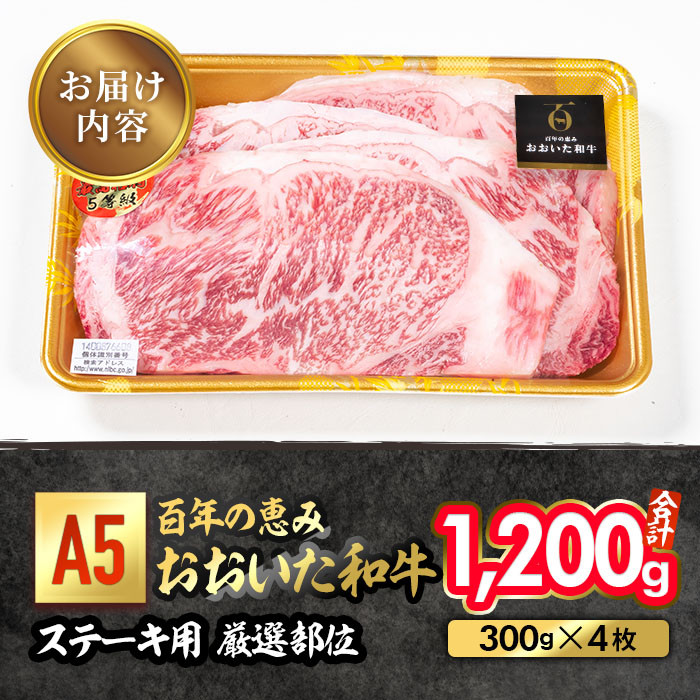 百年の恵み おおいた和牛 A5 ステーキ用 厚切り 厳選部位 (計1.2kg・300g×4枚) 国産 牛肉 肉 霜降り ロース 肩ロース サーロイン 和牛 ブランド牛 ステーキ 冷凍 