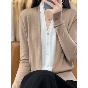 假兩件開衫女2025春秋新款V領寬松薄款毛衣拼色寬松針織外套上衣