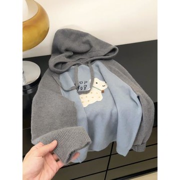 秋冬韓版卡通立體小狗連帽針織衫大碼寬松遮肉慵懶毛衣外套女加厚