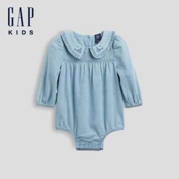 【GAP】嬰兒刺繡牛仔泡泡袖包屁衣-淺色水洗(913818)