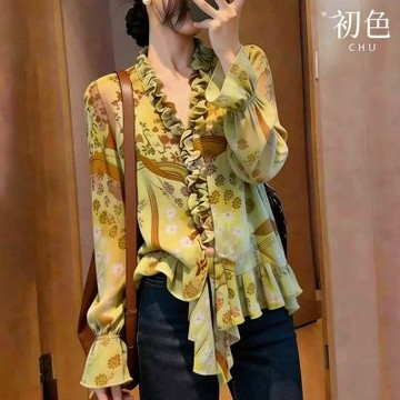 初色 法式V領喇叭袖口長袖荷葉邊不規則下矲設計雪紡衫襯衫上衣女上衣-花色-19649(M-XL可選)