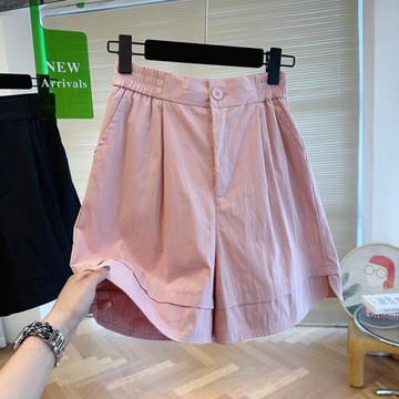 2025夏季款高密度棉質高腰粉色休閑短褲女夏寬松顯瘦a字版闊腿褲
