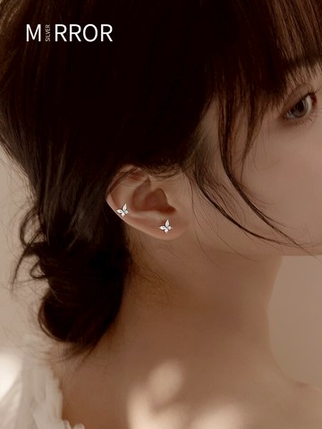 小麋人925睡覺不用摘蝴蝶耳釘女小巧簡約個性閃鉆耳環耳飾網紅ins