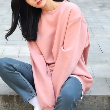 落肩情侶大學T 厚磅挺版 320G 純色圓領上衣  均碼  粉色  1件