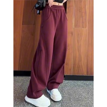 安可拉酒紅色闊腿香蕉褲女秋冬高腰寬松垂感加絨加厚休閑直筒衛褲