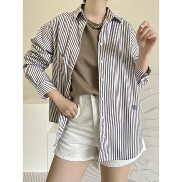 Tote*美拉德條紋襯衫高密棉府綢灰褐純棉前短后長男友風寬松25春