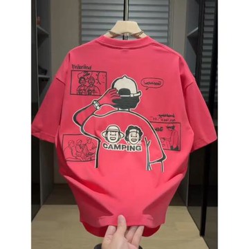 2025夏季潮牌卡通刺繡圓領短袖男士時尚發泡印花寬松百搭休閑T恤