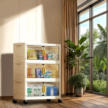 【預購】60面寬豎紋摺疊磁吸雙開門三層收納櫃-附滑輪 兩款可選 024490 60面寬【三層-透黑+不透明面板】