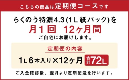 らくのう特濃4.3 1000ml×6本×12ヶ月 計72本 加工乳