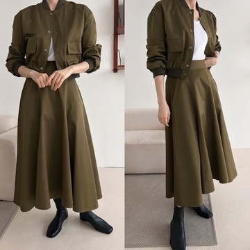 【限量現貨】兩件可選．個性純色排釦立領外套+高腰鬆緊口袋A字長裙．白鳥麗子 出清