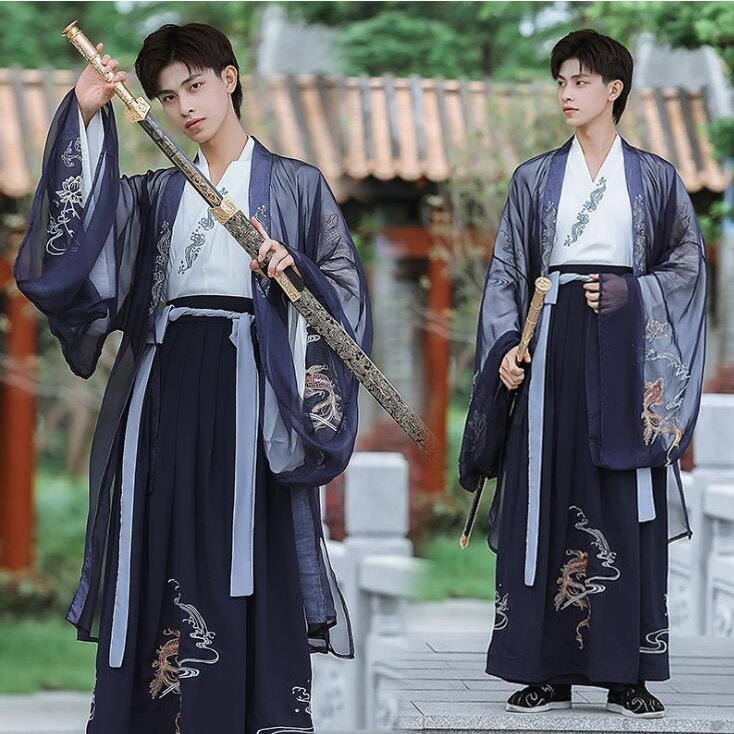 メンズ 中華服 3色入 唐装漢服 中国古風 中国古代衣装 黒 大人 