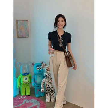 清倉撿漏！高品質！趙露思同款短袖修身Polo領針織衫西裝長褲套裝