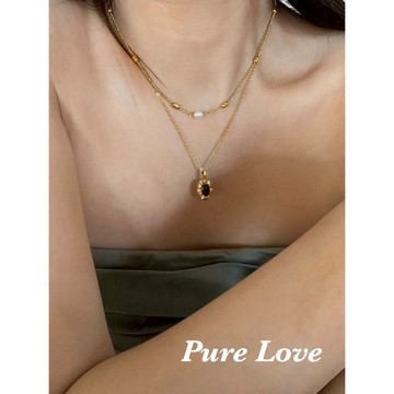 Pure Love樂芙 / 正韓 鈦鋼【316L醫療鋼】G01026橢圓黑色鋯石鎖骨鏈 短項鏈 / 金