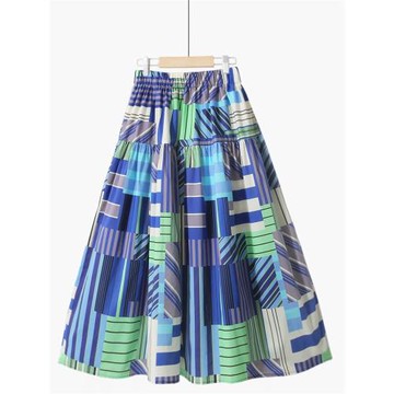 秋冬新款韓版時尚撞色高腰顯瘦a字大擺裙彩虹條紋印花棉布半身裙