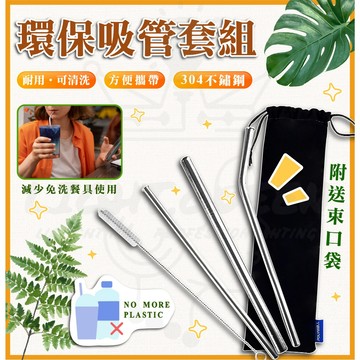 不銹鋼環保吸管組 5件組 304不鏽鋼 環保吸管 彎吸管 細吸管 粗吸管 清潔刷 環保餐具 吸管 出國必備 送束口袋
