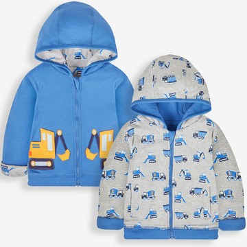 英國 JoJo Maman BeBe - 幼/兒童雙面穿100%純棉保暖連帽外套-挖掘機