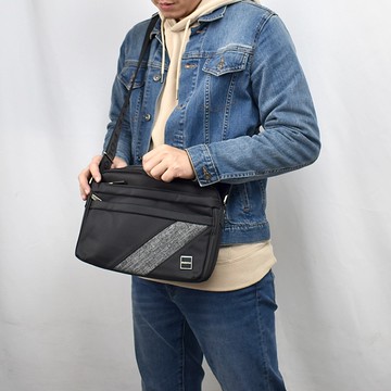 側背包 黑色拼接麻灰斜紋造型包包NZC34