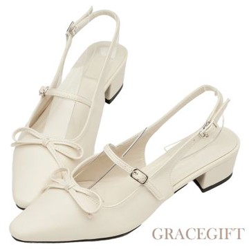 【Grace Gift】韓系小姐姐尖頭蝴蝶結後空跟鞋 米白