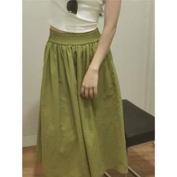 日單2023夏女裝牛油果綠半裙松緊腰長裙高腰寬松半身裙傘裙456103