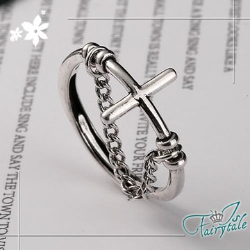 【伊飾童話】鍊條十字架＊復古白銀中性開口戒指