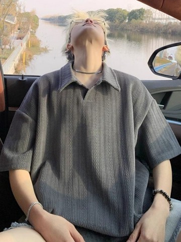 麥穗紋短袖polo衫男 夏季青年寬鬆翻領體恤潮牌美式半袖T恤衫 夏季polo美式寬鬆半袖上衣T卹  6A