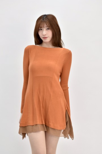 (S) sen質感針織長袖假兩件橘色洋裝