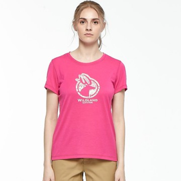 【WILDLAND荒野】女彈性LOGO印花圓領上衣桃紅色