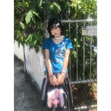 MKGO韓系少女音符紐扣小V領短袖T恤女夏季輕亞風修身顯瘦正肩上衣
