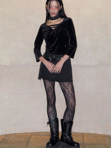 Heart Neckline Velour Lace Up Top [BLACK]