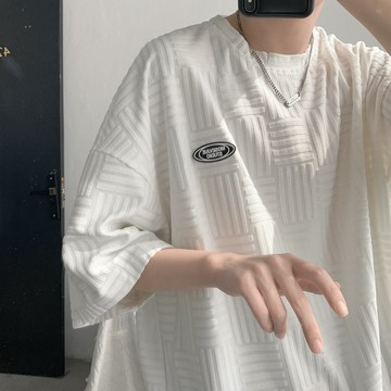 vintage美式潮牌短袖男夏季浮雕毛巾繡重磅t恤設計感小眾七分半袖