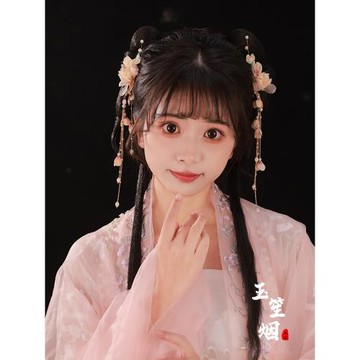 漢服女款頭飾古風對夾粉色桃花流蘇步搖發卡古裝發夾絹花國風發飾