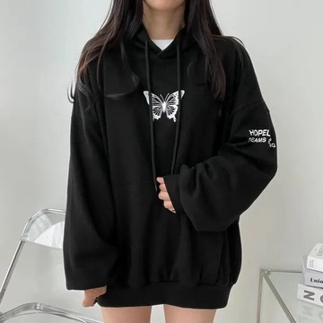 Vuja de 純棉連帽衛衣 大學t 薄衛衣 oversize 大學t 長袖 秋冬上衣 蝴蝶印花 潮流衣服 刷毛 衣服女