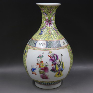 清康熙粉彩三星人物玉壺春瓶家居博古瓷器擺件古董古玩老貨收藏1入