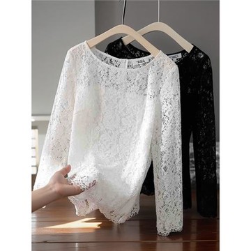 2025春秋季新品套頭睫毛鏤空蕾絲衫圓領長袖上衣女百搭寬松打底衫