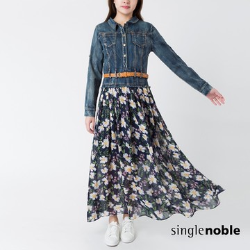 獨身貴族 亮眼花卉飄逸雪紡拼接牛仔造型洋裝(1色)