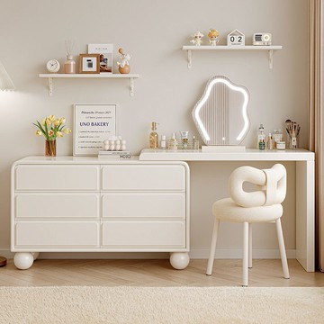 免運 開發票 一體式輕奢奶油風實木梳妝臺網紅多功能收納化妝二合一臥室梳妝臺 快速出貨