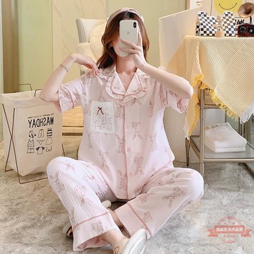 睡衣女純棉紗布薄款文藝清新甜美短袖開衫長褲夏季休閑家居服套裝