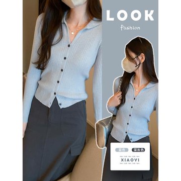 韓系藍色V領針織開衫上衣女2025早秋新款翻領長袖修身百搭打底衫