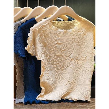 經典款重工刺繡褶皺圓領短袖t恤 寬松上衣純色繡花蝙蝠袖女裝
