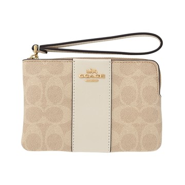 COACH C Logo PVC拼接皮革掛帶L型拉鍊萬用手拿包(沙色/粉筆白)