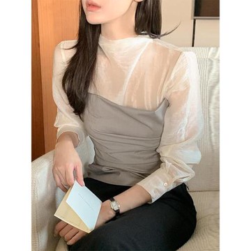韓國chic秋季氣質百搭半高領網紗拼接假兩件褶皺收腰長袖襯衫上衣